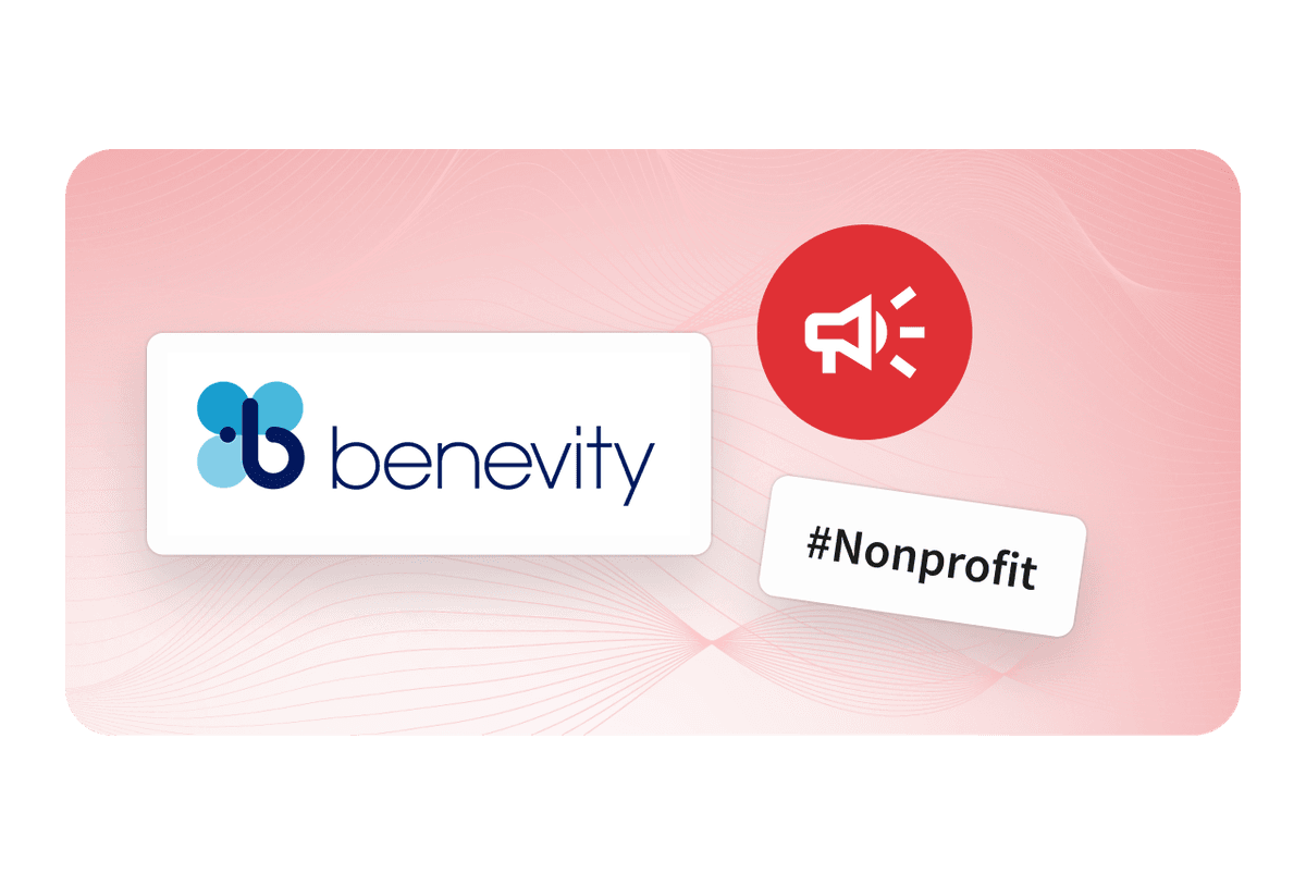Benevity logo on a pink background with a red megaphone icon and a white badge labeled #Nonprofit.